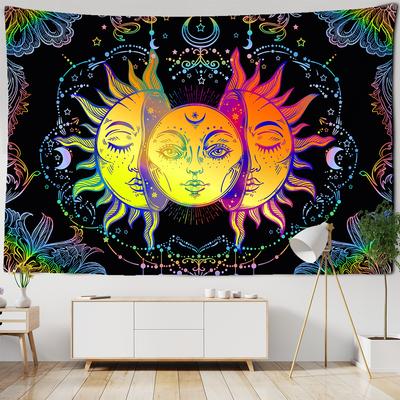 Tapisserie murale mandala blanche et noire, motif soleil et lune, style sorcellerie, style hippie, décoration de dortoir, tapisserie psychédélique