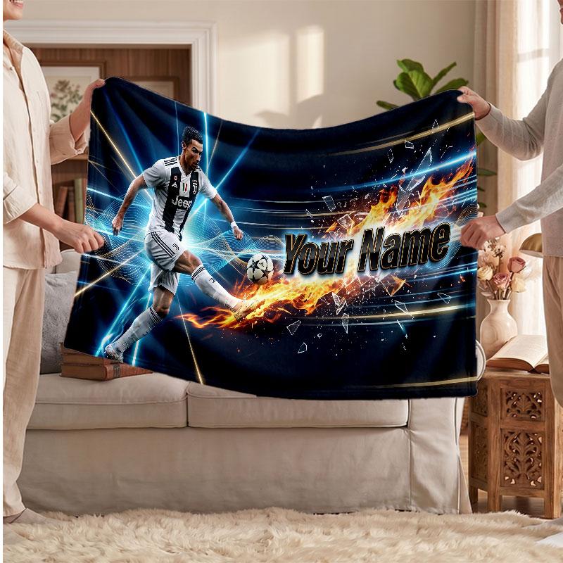 Cristiano Ronaldo Personalized Fleece Blanket With Football Logo, Custom Name Text Soft Warm Home Throw Blanket