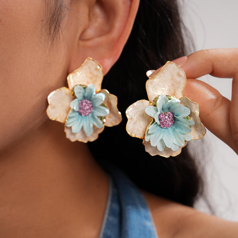 Colorful Drip Oil Metal Fabric Flower Stud Earrings for Women Girls Vintage Exaggerated Drop Earrings Vacation Jewelry Wholesale