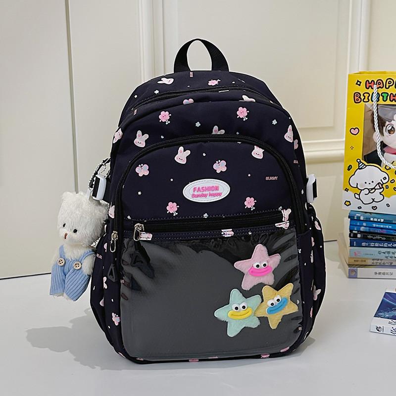 Urban Minimalist Nylon Backpack For School With Letter Rabbit And Butterfly Print Design For Teens And Students