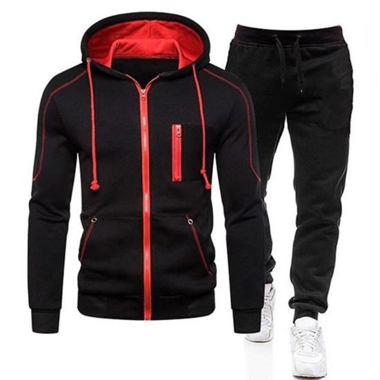 2Pcs/Set Men Autumn Winter Casual Sportwear Hooded Drawstring Long Sleeve Zipper Placket Sweatshirt Coat Elastic Waist Jogger Pants Outfit Streetwear
