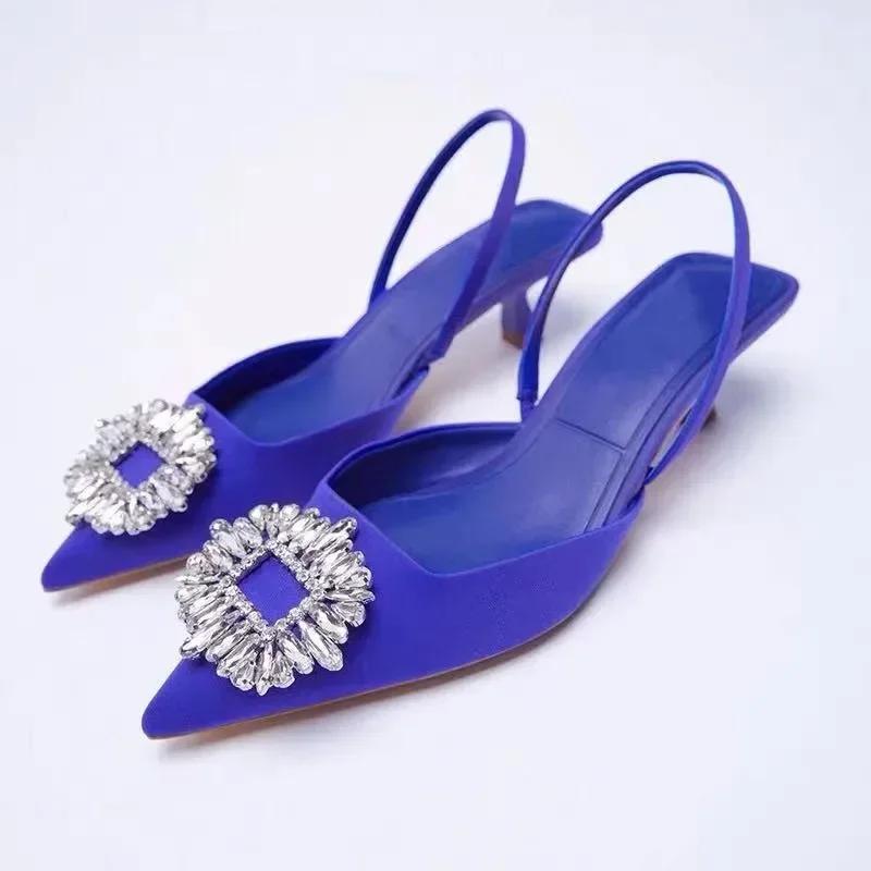 Mode Damen Spitzschuhe mit Absatz Sommersandalen Eckige Schnalle Pfennigabsatz Damen Slingbacks Schuhe Sexy Kleid Party Damen Pumps