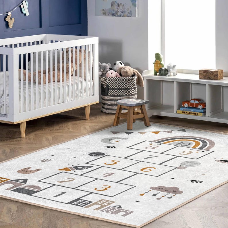 Boho Nordic Kids Room Rug Hopscotch Educational Playroom Carpet Activity Floor Mat for Nursery Game Learning Neutral Design Rug