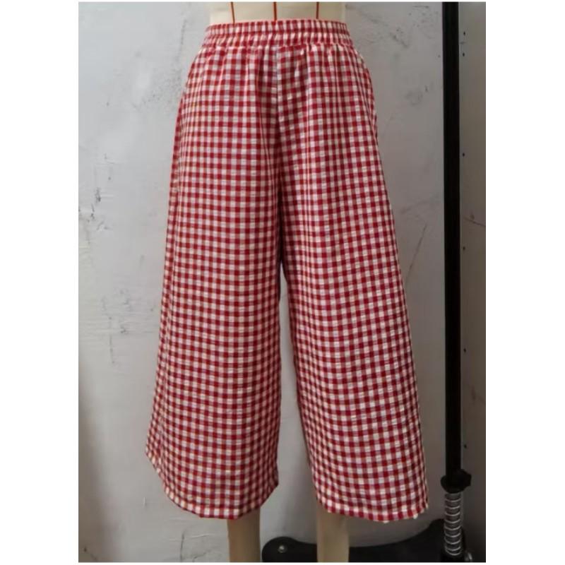 Dammode Vår Högmidjade Casual Lösa Byxor Eleganta Rutiga Vida Ben Byxor Kjol