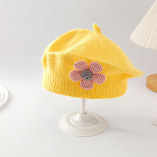 Girls Winter Hat Flower Decor Knitted Elastic Anti-slip Children Painter Cap Photo Prop Daily Outdoor Travel School Shopping Headwear