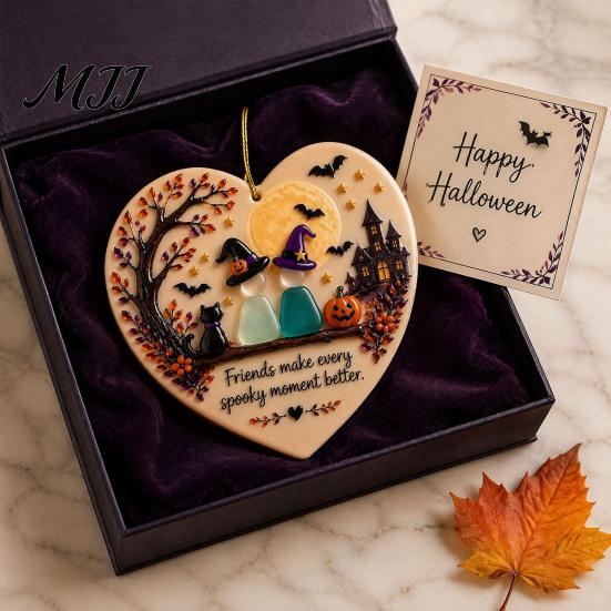 Acrylic Hanging Keepsake Heart-Shaped Sea Glass Art Friendship Ornament, 2D Flat Heart Sentimental Gifts for Her Keepsake, Halloween Pumpkin Black Cat
