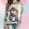 Women's Round Neck Hoodie Animal Cat 3d Printed Shoulder Style Clothing
