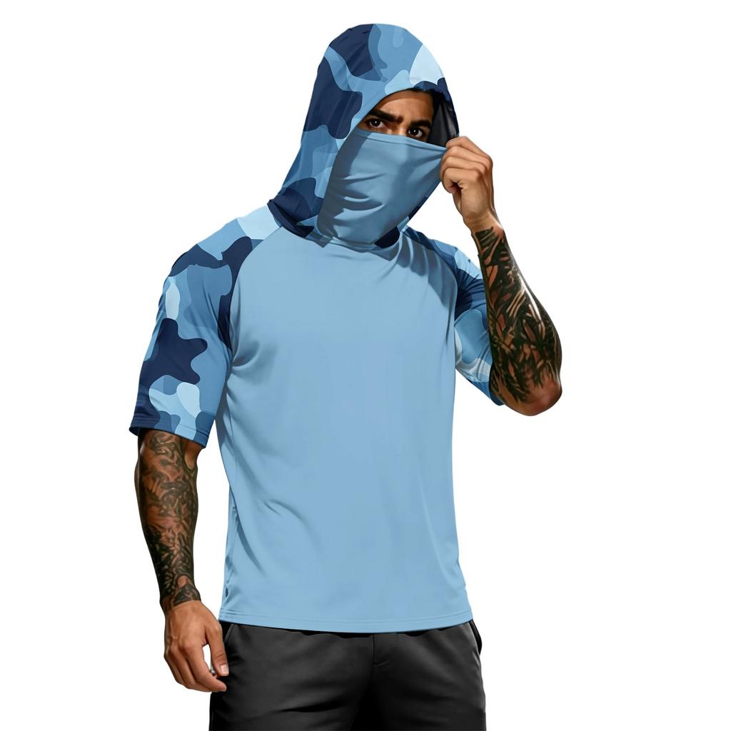 Men's Short Sleeve Hooded T Shirt Casual Camouflage Print Raglan Sleeve Pullover Lightweight Top for Outdoor Sports
