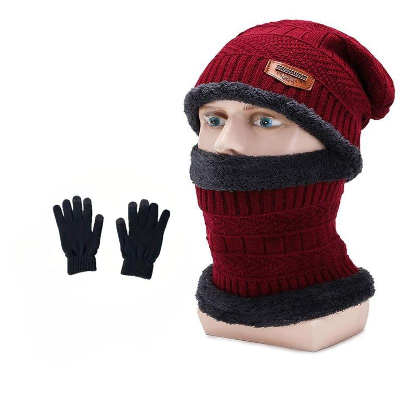 3-Piece Winter Men'S Hat Set Scarf Gloves And Neck Warmer All In One Fleece-Lined Knitted Hat