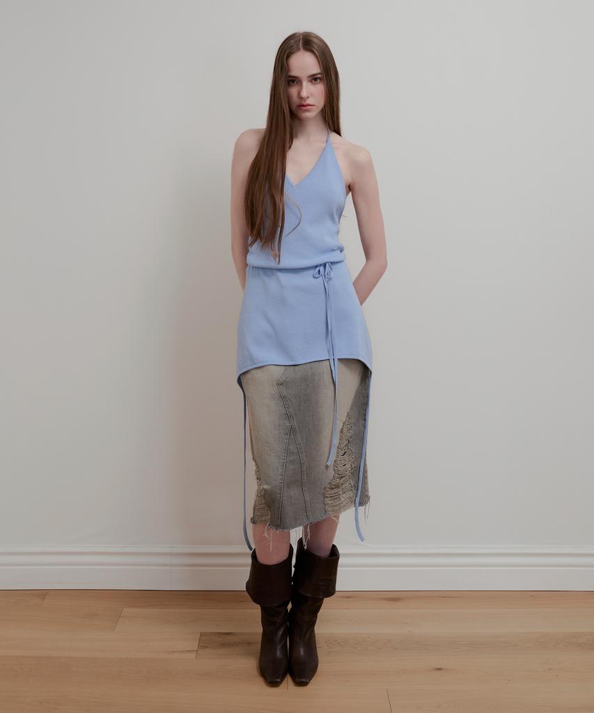 Aobteu Vintage Washed Denim Skirt - Gray