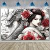 2D Oriental Geisha & Dragon Tapestry Red Floral Japanese Wall Art Decor