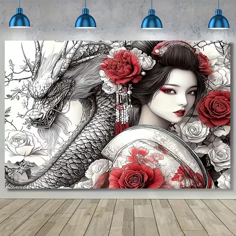 2D Oriental Geisha & Dragon Tapestry Red Floral Japanese Wall Art Decor