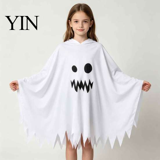Indoor Outdoor Halloween Activity Wear Hooded Ghost Costume, White/Black Cape Costume for Kids Adults, Spooky White with Hood Party Outfit Wave