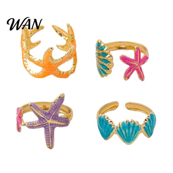 Layered Ring Set 4Pcs/Set Ocean Series Set, Multiple Styles Starfish Shell Design Versatile Finger Ring, Alloy Adjustable Stacking Rings for