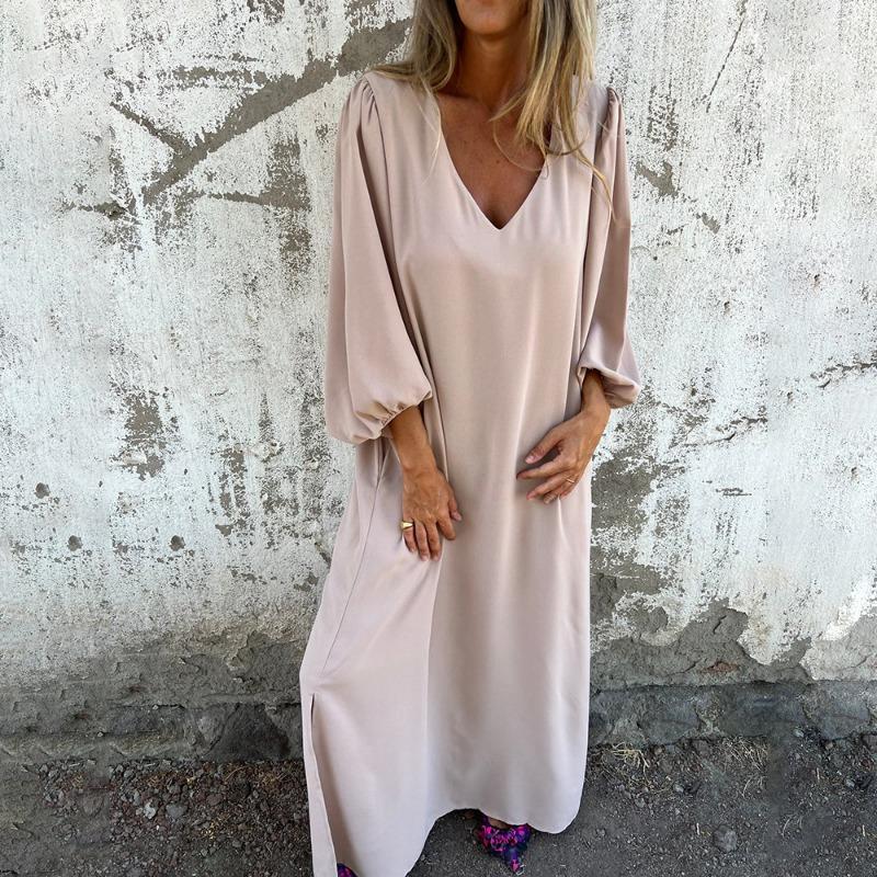 Vår Höst Rund Hals Lös Ledig Enfärgad Morgonrock Dam Lykta Långärmad Klänning Vestidos