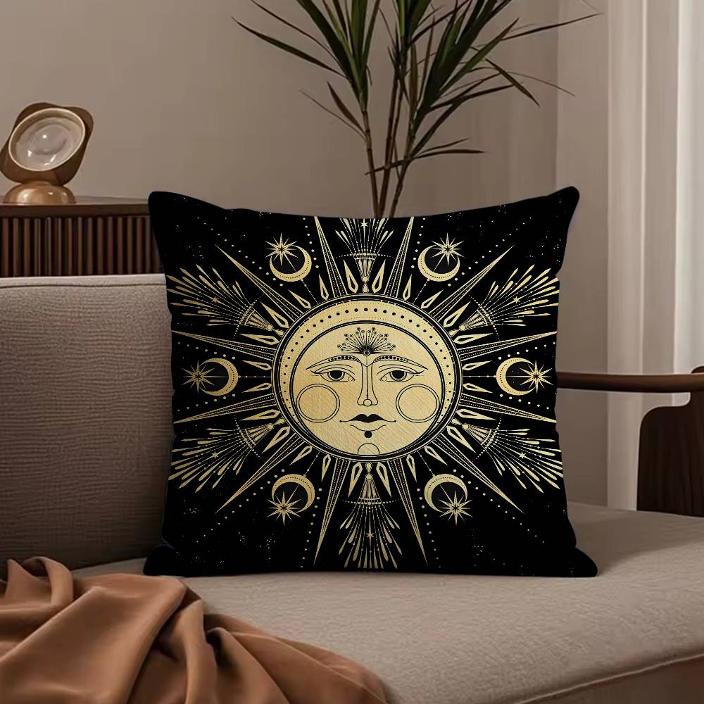 Housse de coussin Série Mandala Soleil Lune Housse de coussin Anti-acariens Fermeture éclair invisible Peluche courte soyeuse Housse de coussin de canapé