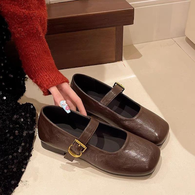 Versatile Square Head Temperament Commuting Mary Jane Shoes Women's Autumn New Retro Single Shoes Flat-soled Small Leather Shoes