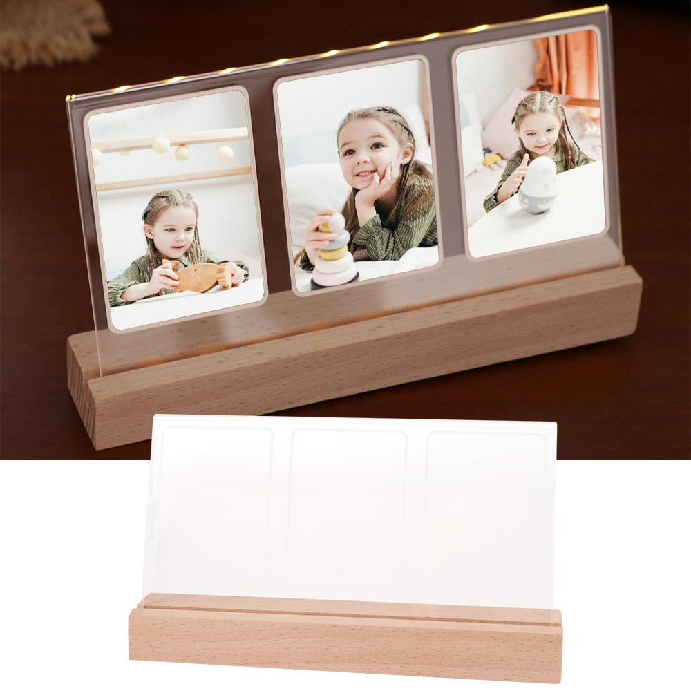 3 In 1 LED Light Photo Frame Clear Acrylic Wooden Base Instant Picture Frame Ornament 3 Inch Photo Tabletop Photo Display Rack