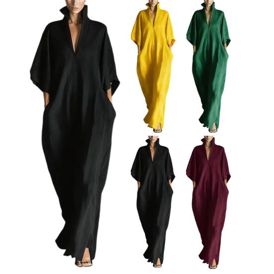 Summer V Neck Dress for Women Stand Collar Flowy Long Dress Casual 3/4 Sleeve Travel Vacation Outfits with Pockets