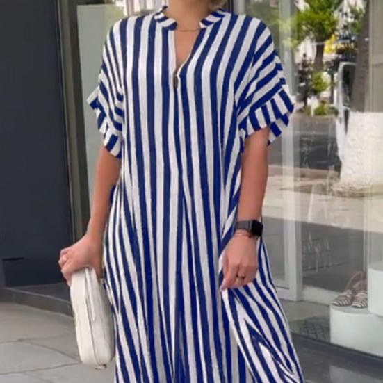 Women Dress Striped Print Color Matching V Neck Short Sleeves Loose A-line Side Split Commute Casual Maxi Dress Summer Long Dress