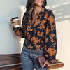 Damen-Shirt mit Stehkragen, V-Ausschnitt, Laterne, langärmelig, bedruckt, Pullover, Oberteile, lockere Passform, dünnes Freizeithemd für den Alltag