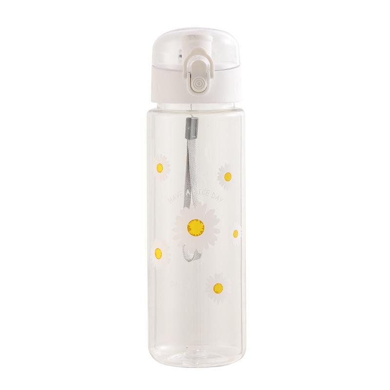 600ml Cute Daisy Clear Plastic Water Bottle Portable Sports Tumbler Outdoor Water Drinking Bottle With Carrying Strap