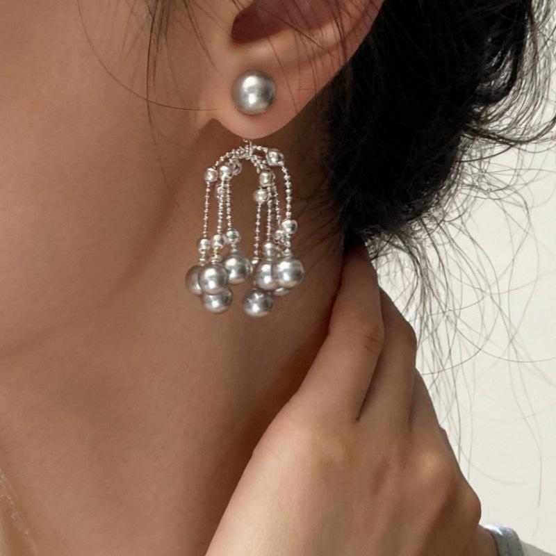 S925 Sterling Zilver Grijs Parel Kwast Oorbellen - Elegant Niche Ontwerp voor Vrouwen