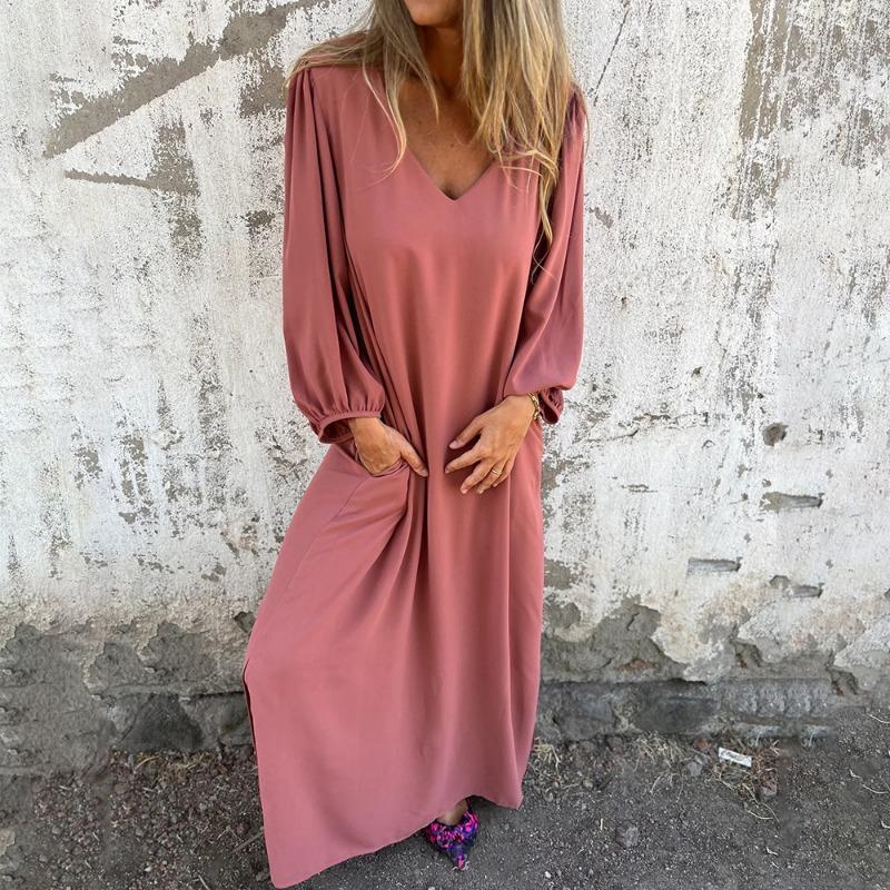 Vår Höst Rund Hals Lös Ledig Enfärgad Morgonrock Dam Lykta Långärmad Klänning Vestidos