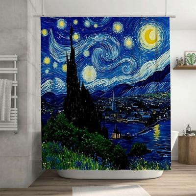 Van Gogh Starry Night Art Bath Curtain Waterproof Mildew Proof Polyester For Bathroom Decor Suitable For Wet And Dry Separation