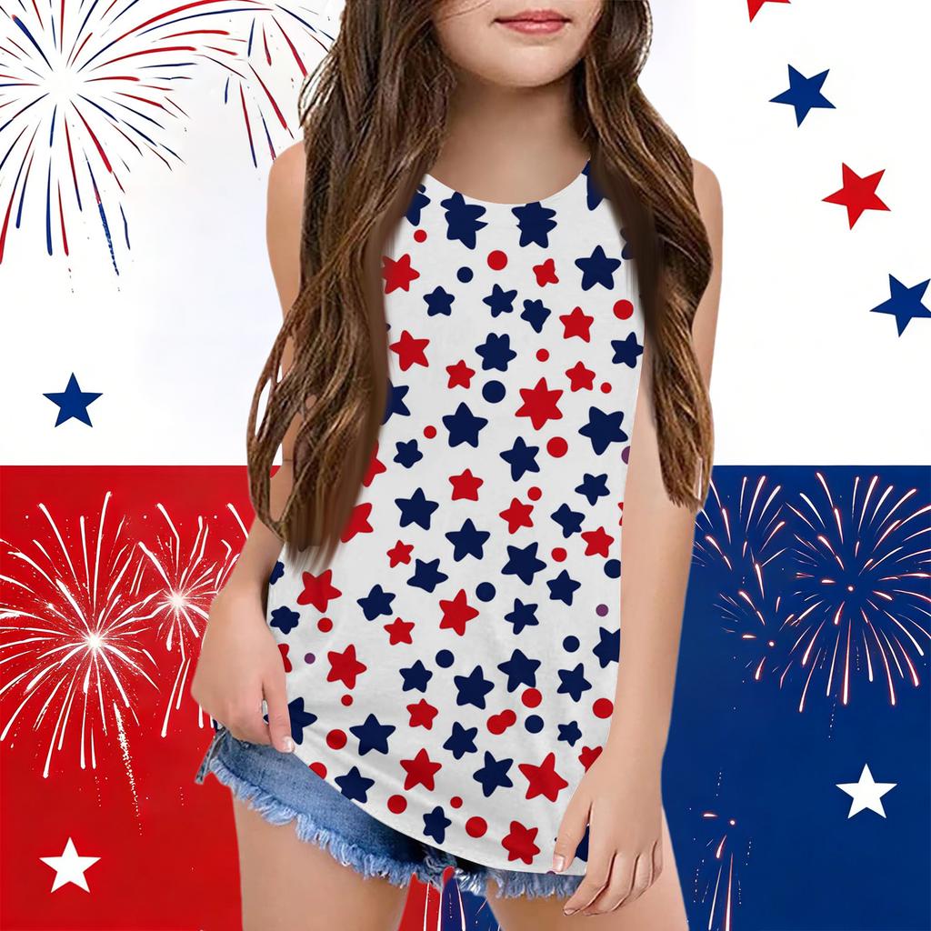 Girls Kids Summer Crewneck Sleeveless Shirts Tank Tops Independence Day