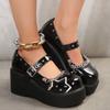 Metallketten-Plateauschuhe Damen Lolita Gothic Flügeldesign Schuhe für Damen College-Stil Lederpumps Damen Schuluniformschuh