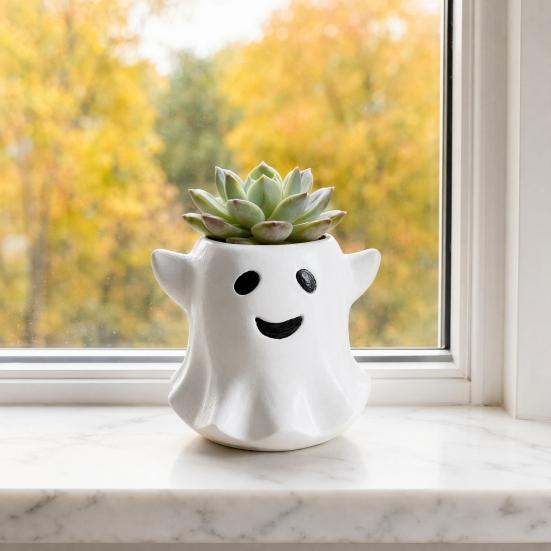 Yousheng Ghost Flowerpot, Waterproof Resin Halloween Vase, Spooky Cute Desktop Ornament, for Green Plants Holiday