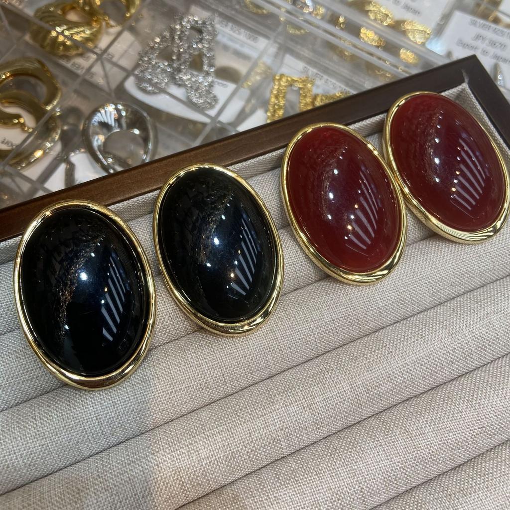 Saint Lou Lan Same Style Burgundy Dripping Oval Stud Earrings Temperament Fashionable Earrings Women'S Autumn And Winter Retro Black Earrings