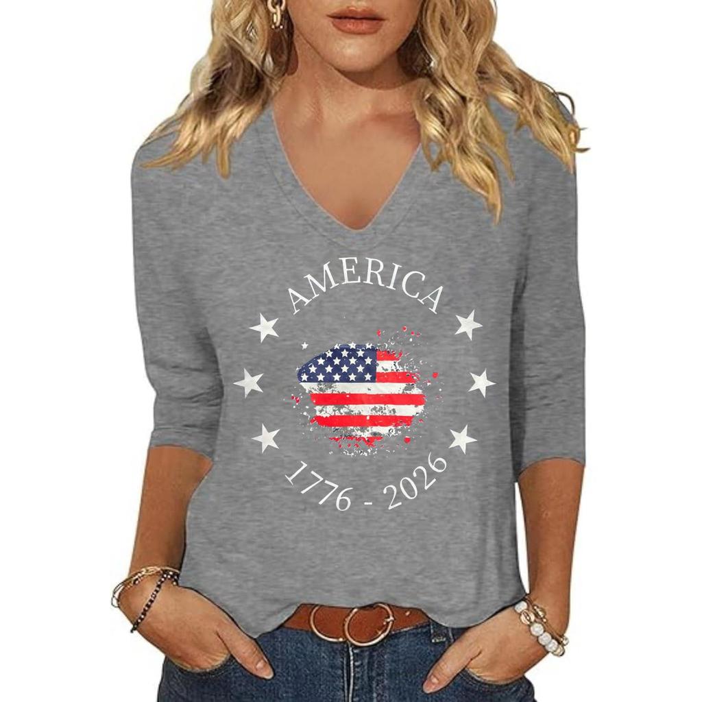 Womens Casual V Neck Top 1776 2026 America Independence Day Graphic Print Long Sleeve Shirt Lightweight Soft Fabric