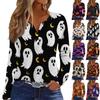 Women's Casual Long Sleeve V Neck Button Detail Halloween Print T Shirt Top Lightweight Comfortable Fit for Everyday Wear