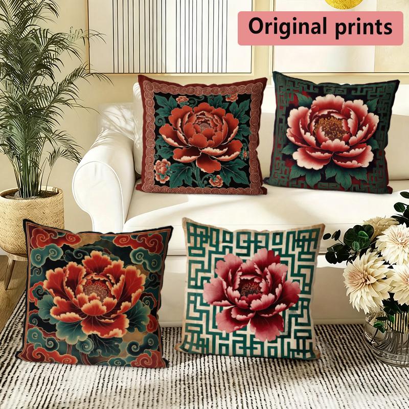 Vintage Peony Floral Chinese Style Throw Pillow Covers Pattern Cushion Cover Suitable For Sofa Bedroom Car Pillow Cover