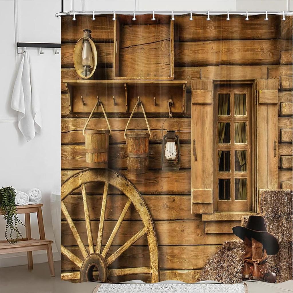 Rideaux de douche style grange western rustique, Ensemble de rideaux Décor Ferme Chapeau de cowboy Bottes pour salle de bain, Tissu Imperméable Vintage Bois