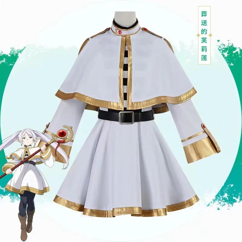 Frieren Cosplay Kostüm Jenseits des Endes der Reise Perücke Schuhe Anime Figuren Magier Kleid Elfenohr Halloween Party Weihnachten für Damen