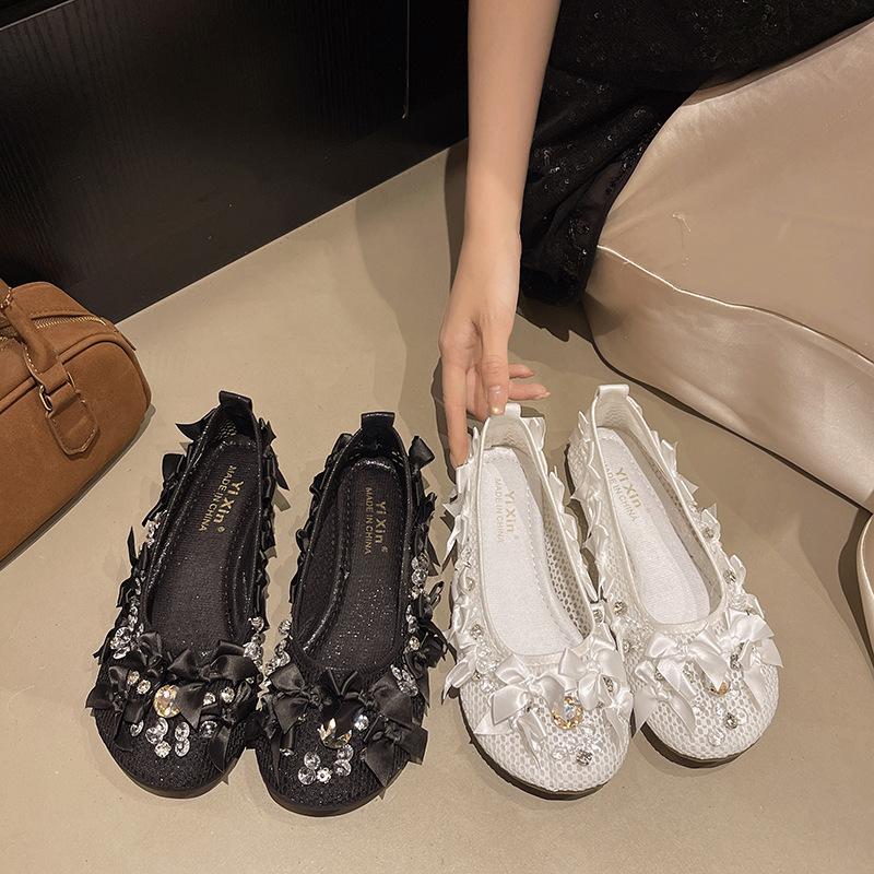 Mesh fisherman shoes women's 2025 spring and summer new rhinestones sweet bow shallow mouth Mary Jane single shoes women