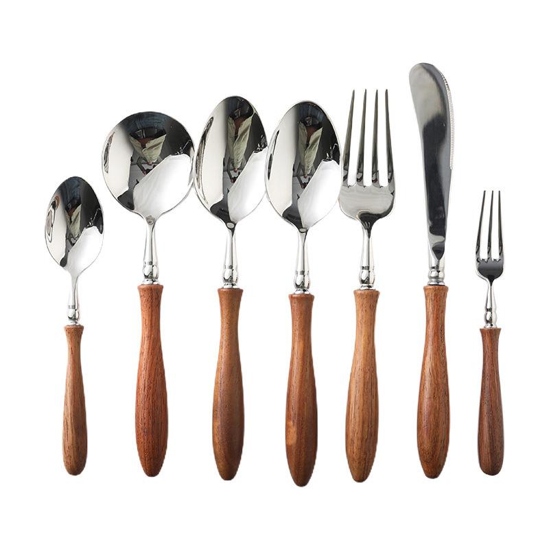 Stainless Steel Spoon Teaspoon Fruit Fork Ebony Steak Knife Fork Western -style Seven -piece Seven -piece Set Tableware Kitchen