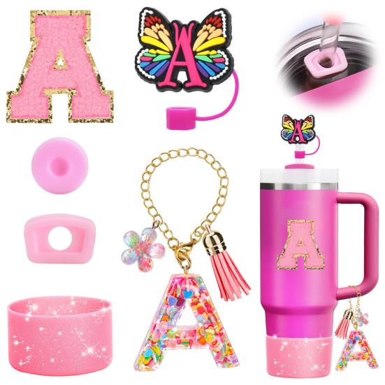 6-Piece Tumbler Accessories Set Letter Stickers Butterfly Straw Cap Cup Sleeve Reusable Easy To Clean Decorative Accessories for Stanley Tumbler