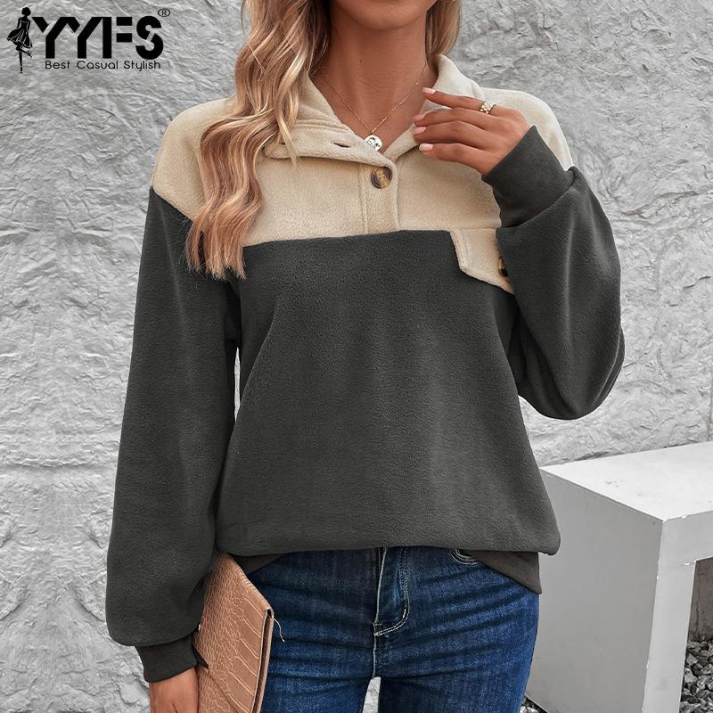 YYFS Women's Fashion Casual Colour Block Print Autumn Winter Long Sleeve Stand-collar Sweaters