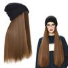 Chapeau d'hiver pour femme avec perruque en tricot avec cheveux longs raides/ondulés bouclés attachés 23,6 pouces Cheveux synthétiques Perruques Pièce de cheveux