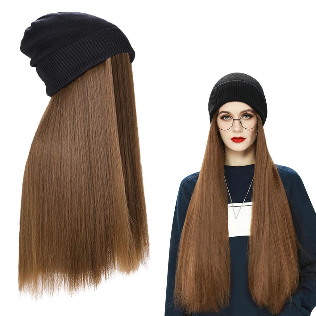 Chapeau d'hiver pour femme avec perruque en tricot avec cheveux longs raides/ondulés bouclés attachés 23,6 pouces Cheveux synthétiques Perruques Pièce de cheveux