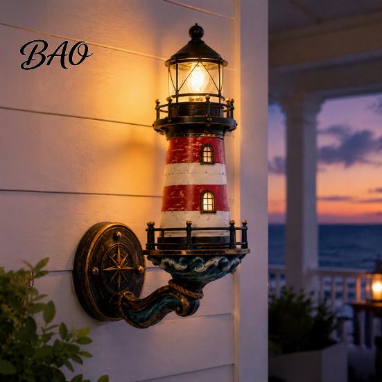 Atmospheric Corridor Wall Lamp Coastal Lighthouse Lamp, Resin Nautical Sconce, Retro Mediterranean Style Decorative Creative B&B Decoration