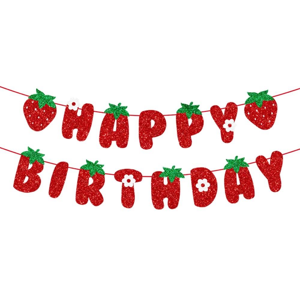 Birthday Party Decor Glitter Strawberry Birthday Decorations Cupcake Toppers Birthday Banner Cake Decorations for Party Atmosphere