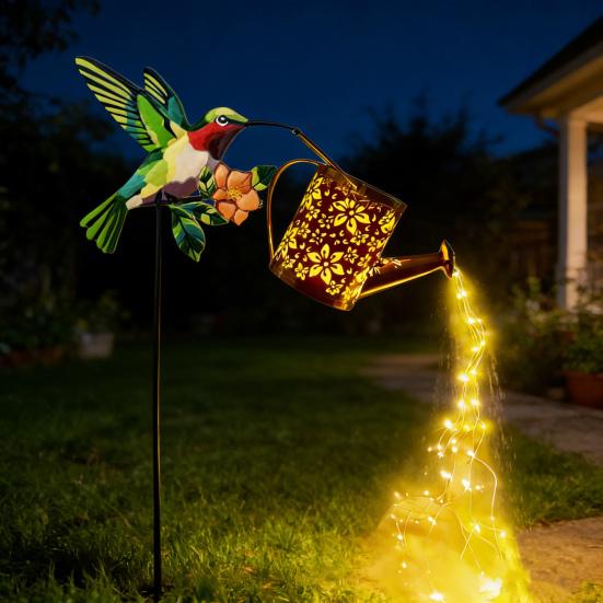 Solar-Gießkanne Gartenlicht Metall Hohl-Kolibri Dekoratives Licht Außen-Erdspießlampe für Rasenweg