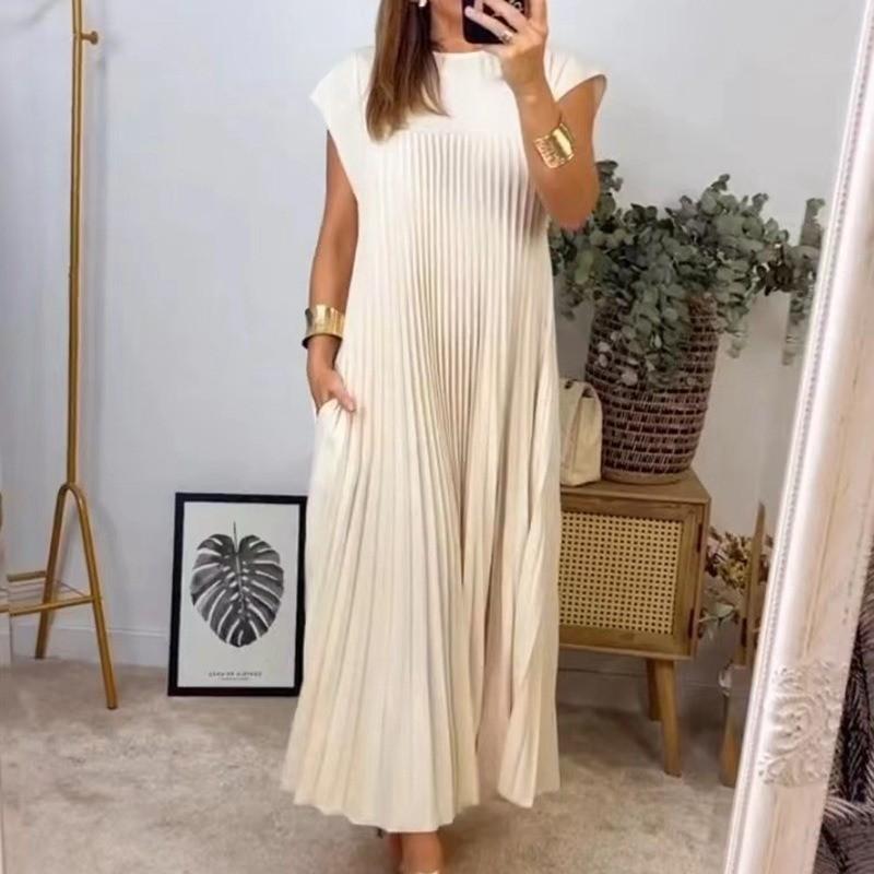 Elegant Summer Dress For Women With High Waist Pockets In Polyester Fabric For Office Wear