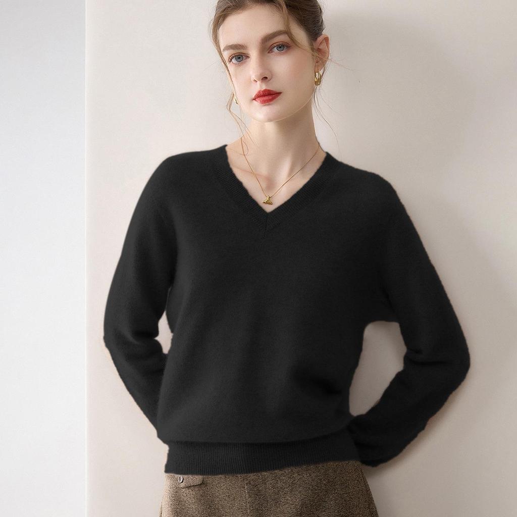 Women's 100% Pure Cashmere V-Neck Seamless Sweater - Simple, Versatile, Close-fitting Base Layer