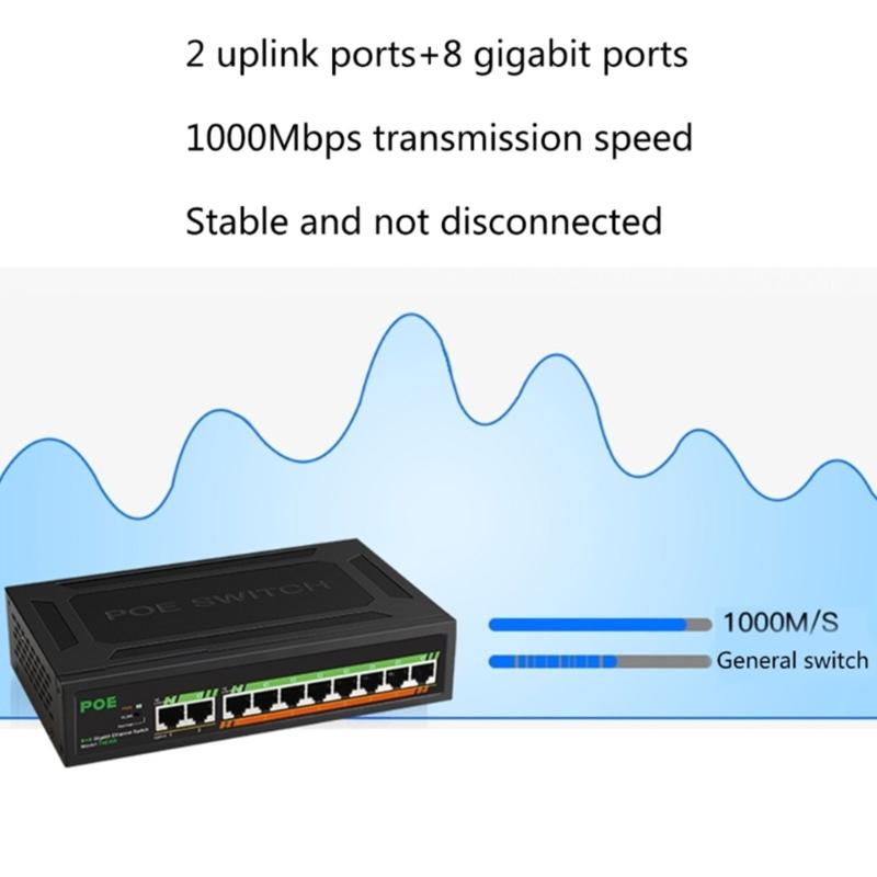 10-Port PoE+ Gigabit Switcher 10/100/1000Mbps Adaptiv für Stromversorgung von Kameras, drahtlosen VoIP-Telefonen, Installation